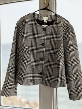 H&M Black and White Plaid Collarless Blazer
